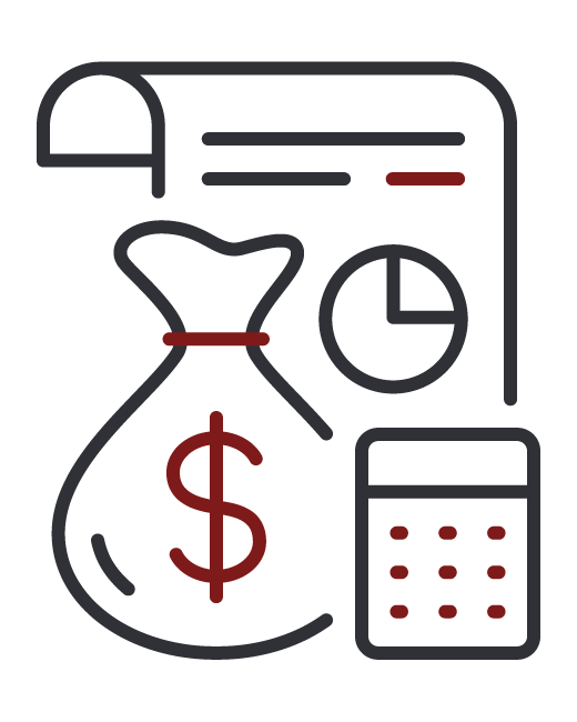 Icon of a report with a money bag and calculator, deplicting cost savings